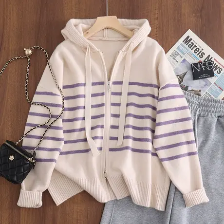 23095连帽衫针织衫女士新款韩版宽松拉链条纹长袖开衫外套上衣商品大图