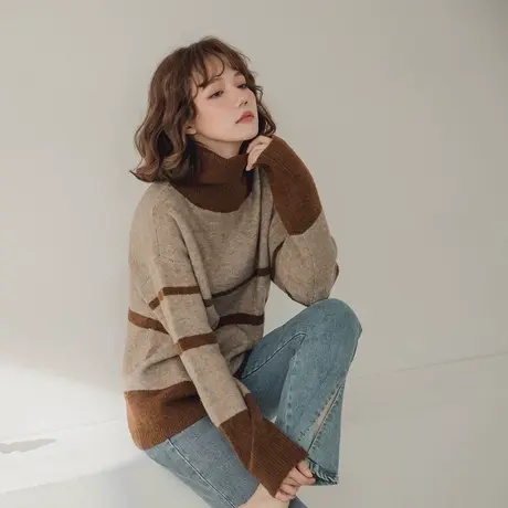 桔熊秋冬季复古长袖保暖毛衣女外穿条纹柔软高领针织衫大码FA2170图片