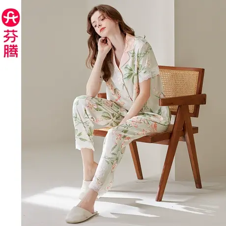 芬腾睡衣女夏季冰丝短袖套装碎花蕾丝边高级感宽松休闲女款家居服商品大图