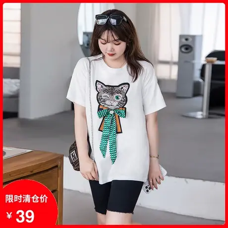 【清仓】季新款显瘦胖mm妹妹猫图案蝴蝶结减龄宽松大码T恤女上衣图片