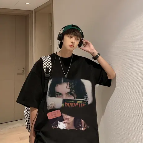 圆领短袖t恤男夏季潮流宽松人物印花美式嘻哈纯棉半袖港风体恤男商品大图