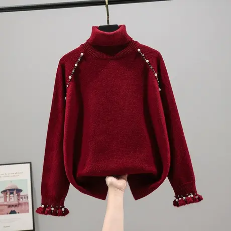 高领针织衫毛衣女士韩版宽松2023春装新款纯色长袖打底衫套头上衣商品大图
