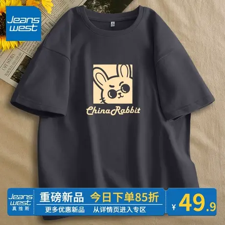 ZR真维斯短袖t恤灰色纯棉2023夏季女装新款 潮流流行宽松半袖上衣商品大图