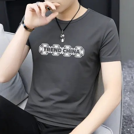 莫代尔男士短袖t恤潮牌夏季冰丝速干凉感半袖字母印花圆领上衣服商品大图