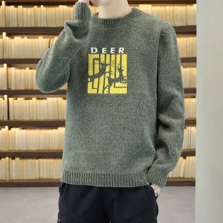 宽松毛衣男秋冬加绒加厚青少年套头毛线衣中学生款潮流打底针织衫商品大图