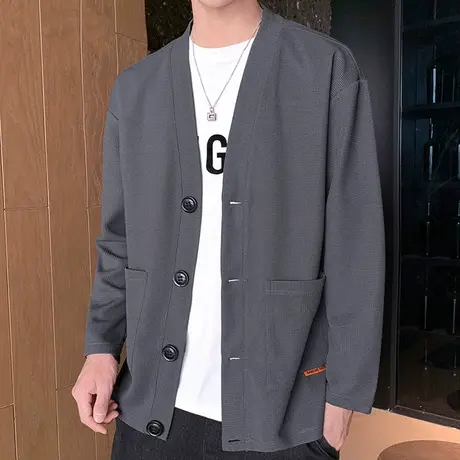 华夫格外套男春秋季2025新款潮牌单排扣开衫卫衣男士夏装上衣夹克商品大图