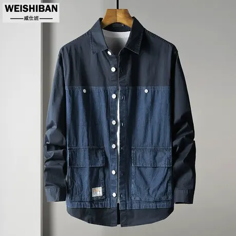 春秋季个性拼接牛仔衬衫男美式工装口袋衬衣潮都市休闲长袖外套男商品大图