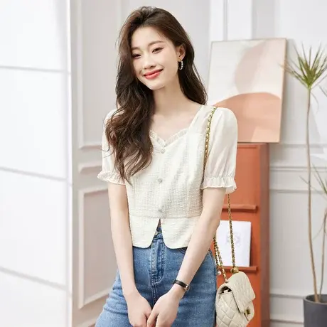 时尚气质方领短袖衬衫2023年夏季新款温柔百搭修身显瘦通勤上衣商品大图