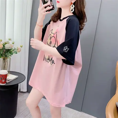 休闲时尚减龄卡通短袖t恤女中长款2023夏季新款韩版宽松拼色上衣图片