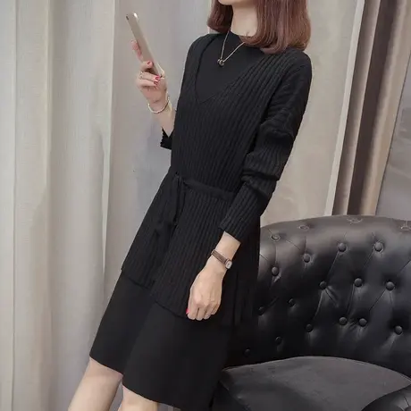 韩版中长款毛衣裙女秋冬打底两件套针织衫法式慵懒风外穿洋气套装图片