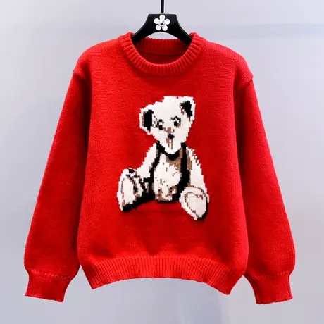 日系卡通小熊红色毛衣女秋冬2023新款宽松慵懒风洋气减龄针织上衣商品大图