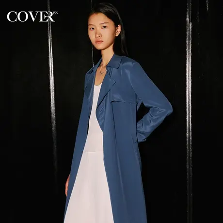 COVER秋季弹力重皱翻领真丝风衣外套图片