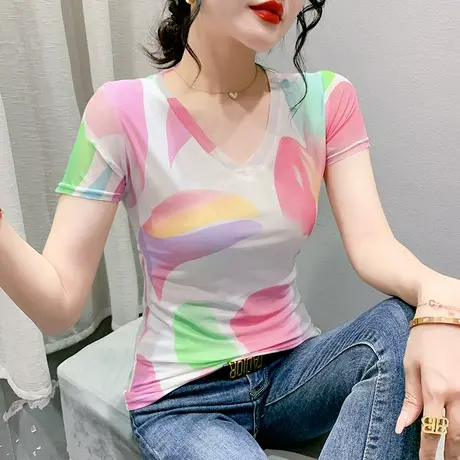 欧货网纱V领T恤女短袖潮洋气性感修身小衫设计感拼色印花上衣夏装图片