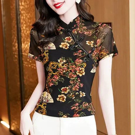 复古中式女装时尚盘扣短袖T恤性感网纱气质上衣别致印花立领小衫商品大图