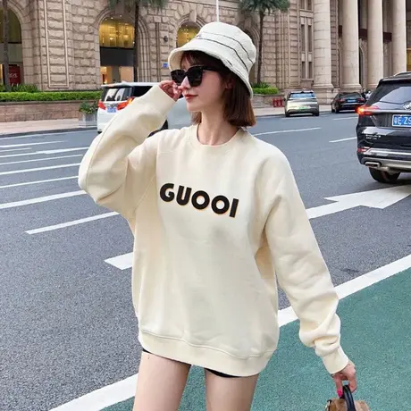 中长款卫衣女2023新款秋冬oversize宽松圆领无帽遮屁股小个子外套商品大图