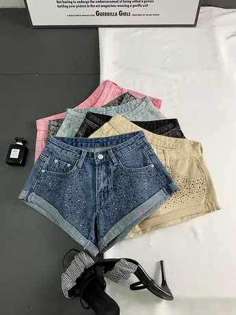 韩版钉钻卷边高腰牛仔短裤女2023夏季新款辣妹显瘦阔腿A字热裤潮商品大图