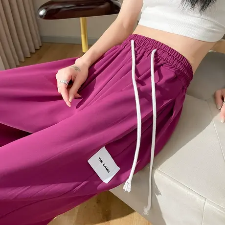 火龙果色冰丝运动裤女夏季薄款高腰宽松显瘦九分西装束脚灯笼裤潮商品大图