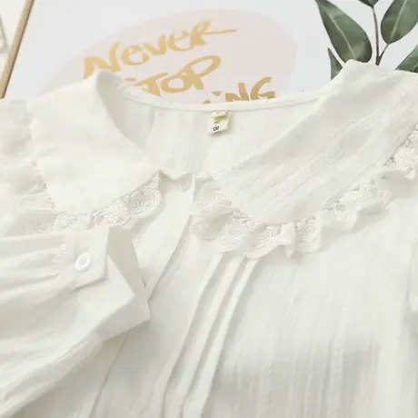 春秋季日系软妹森女蕾丝拼接娃娃领风琴压褶长袖白衬衫女打底上衣图片