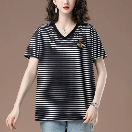 条纹短袖T恤女夏季加肥加大码女装宽松休闲中年妈妈v领显瘦体恤衫商品大图