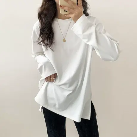 白色T恤女长袖宽松中长款下摆开叉卫衣叠穿2022年早春设计感上衣图片