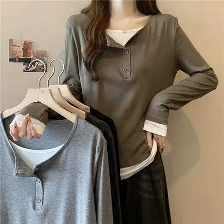 撞色假两件长袖T恤女春秋打底衫宽松显瘦设计感小众内搭外穿上衣商品大图