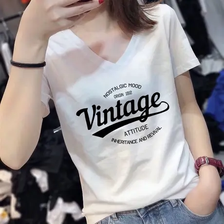 白色t恤女港风chic新款v领半袖上衣大码纯棉ins潮牌夏季胖mm显瘦商品大图