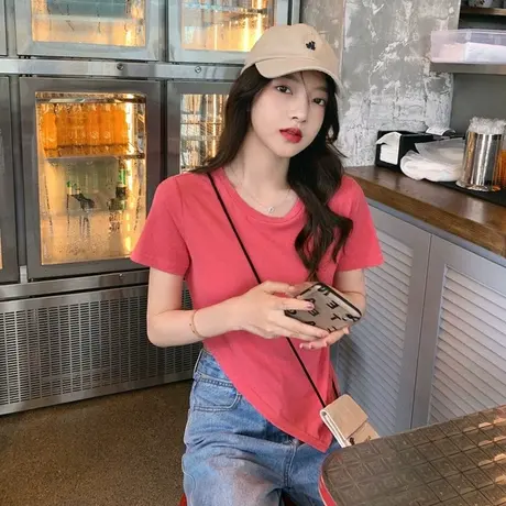 短袖女2024年新款夏季不规则短款t恤设计感小众锁骨别致独特上衣图片