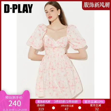 DPLAY夏新款法式复古重工后背蝴蝶结意画粉色印花连衣裙图片