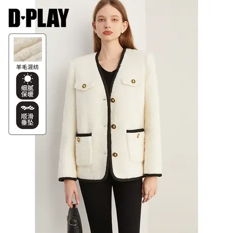 DPLAY【黑标】2023年冬装新小香风V领杏拼黑撞色织带粗花呢外套商品大图
