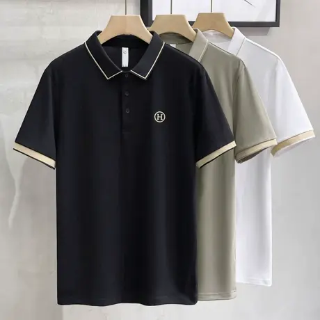 夏季新款金领撞色潮流翻领针织短袖POLO衫男商务休闲纯色男士T恤商品大图