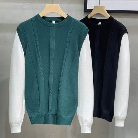 粗针麻花厚款撞色假两件毛衣男士秋冬季潮流宽松针织衫学院风毛衫商品大图