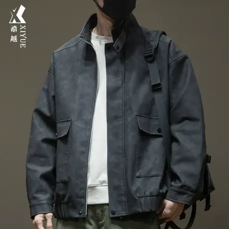 希越复古PU皮衣男士宽松大码拉链高领夹克外套2023秋冬新款外衣潮图片