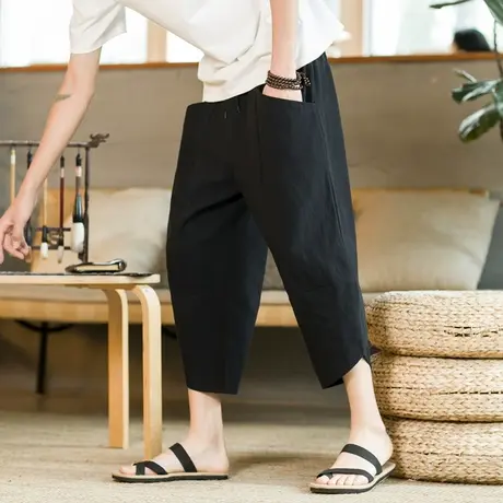 中国风加肥加大七分裤子男宽松哈伦裤棉麻吊裆短裤亚麻八分阔腿裤商品大图