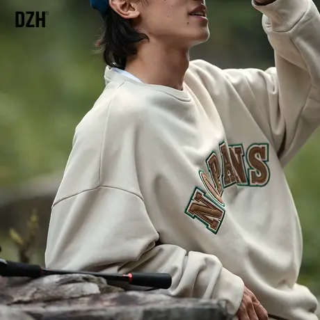 男士杏色美式重磅卫衣男圆领春秋潮牌长袖上衣宽松男装2023年新款商品大图