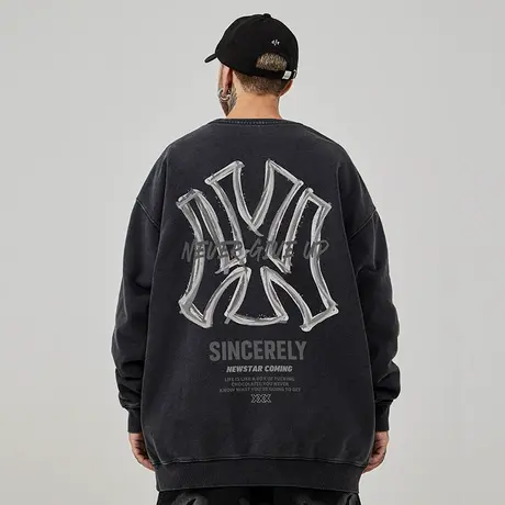 大码美式重磅复古胖子男装宽松水洗做旧国风卫衣加绒加厚春秋冬款商品大图