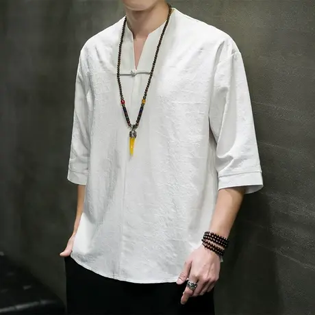 中国风夏季男T恤棉麻提花中袖上衣中式盘扣复古短袖打底衫宽松潮图片