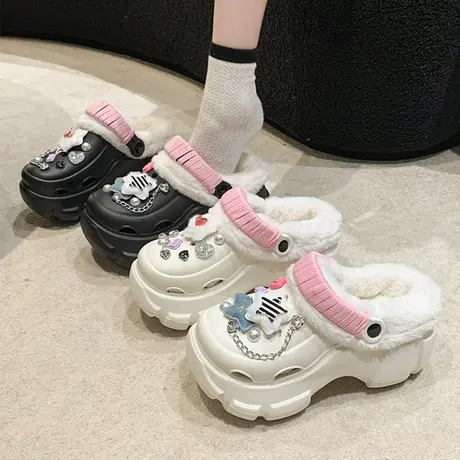 踩屎感防滑厚底毛毛包头半拖鞋女秋冬外穿2023新款可爱软底洞洞鞋图片