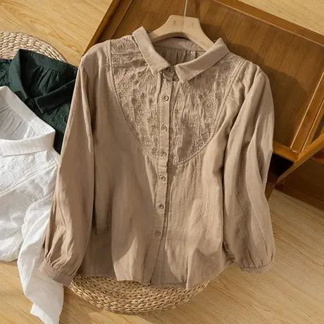 享永子刺绣全棉衬衫女文艺复古宽松显瘦春秋气质通勤上衣2023新款商品大图