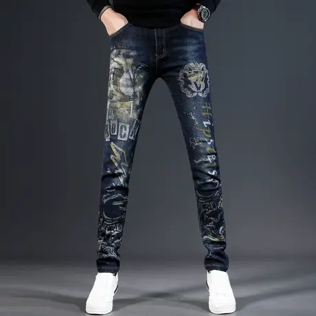 欧美潮牌印花牛仔裤男款修身小脚秋冬款2023新款潮流弹力男士裤子商品大图