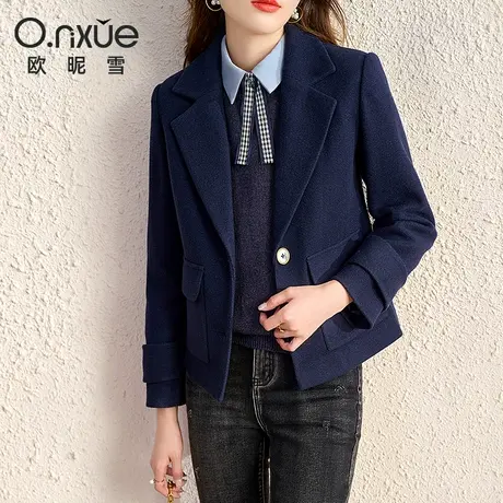 欧昵雪2023冬装新款复古西装领宽松毛呢短款外套女小个子呢子大衣商品大图