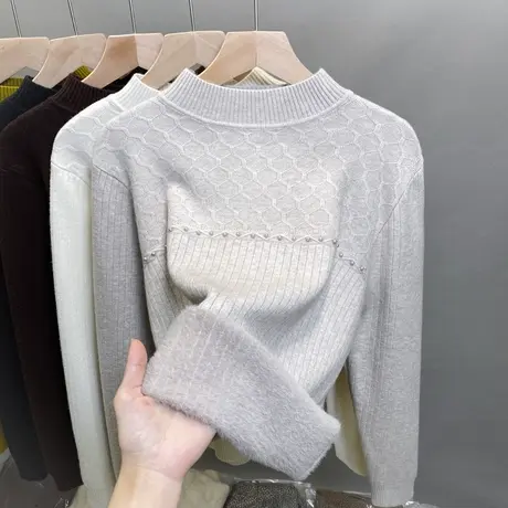 一体绒半高领毛衣女加绒厚打底衫2023秋冬新款钉珠针织衫内搭上衣图片