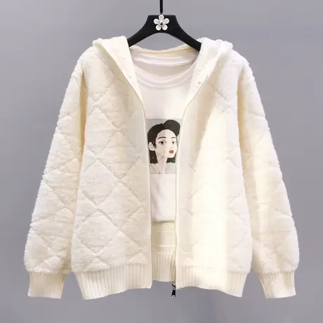 日系菱格拉链连帽毛衣外套女冬季2023新款宽松慵懒风休闲针织开衫商品大图