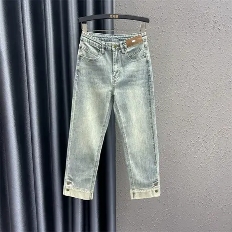 欧货个性贴布牛仔直筒裤女2024春季新款小个子高腰显瘦撞色烟管裤商品大图