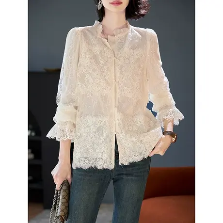 宝诗黎花边领亮片蕾丝衬衫2024春季新款设计感百搭短款长袖衬衣商品大图