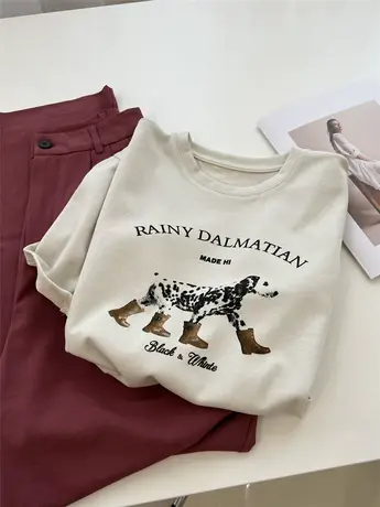 复古百搭卡通小狗印花圆领短袖t恤女宽松慵懒bf中性风打底衫夏季图片