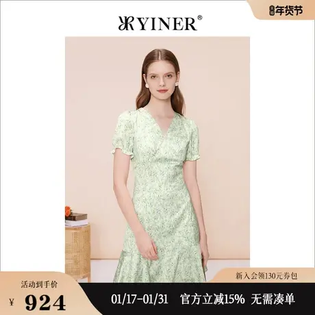 YINER音儿专选女装夏季V领碎花收腰修身花苞袖连衣裙图片