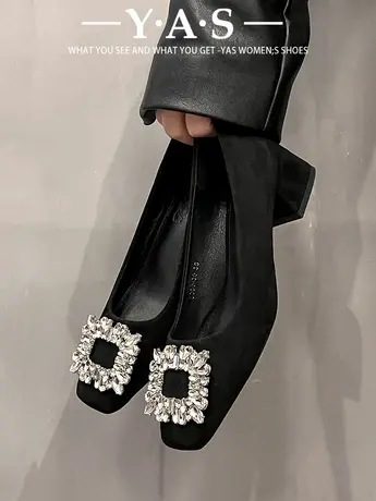 粗跟方头水钻高级感单鞋女鞋子2024年新款春秋季高跟鞋气质通勤鞋商品大图