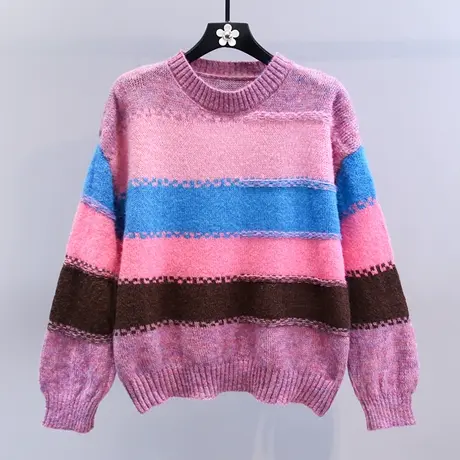 撞色条纹圆领毛衣女秋冬2023新款宽松慵懒风长袖套头针织衫上衣商品大图