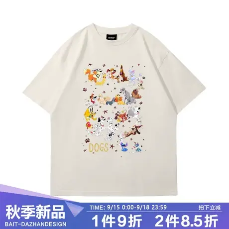 迪士尼卡通狗狗情侣短袖2023夏季趣味印花男女潮纯棉复古打底衫商品大图