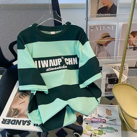 纯棉条纹oversize短袖t恤女夏季ins潮牌宽松港味复古chic半袖上衣商品大图